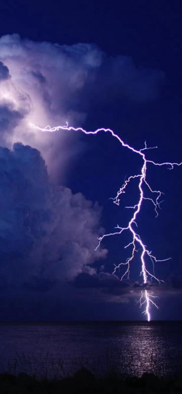 暴风雨闪电划过湖面的夜空